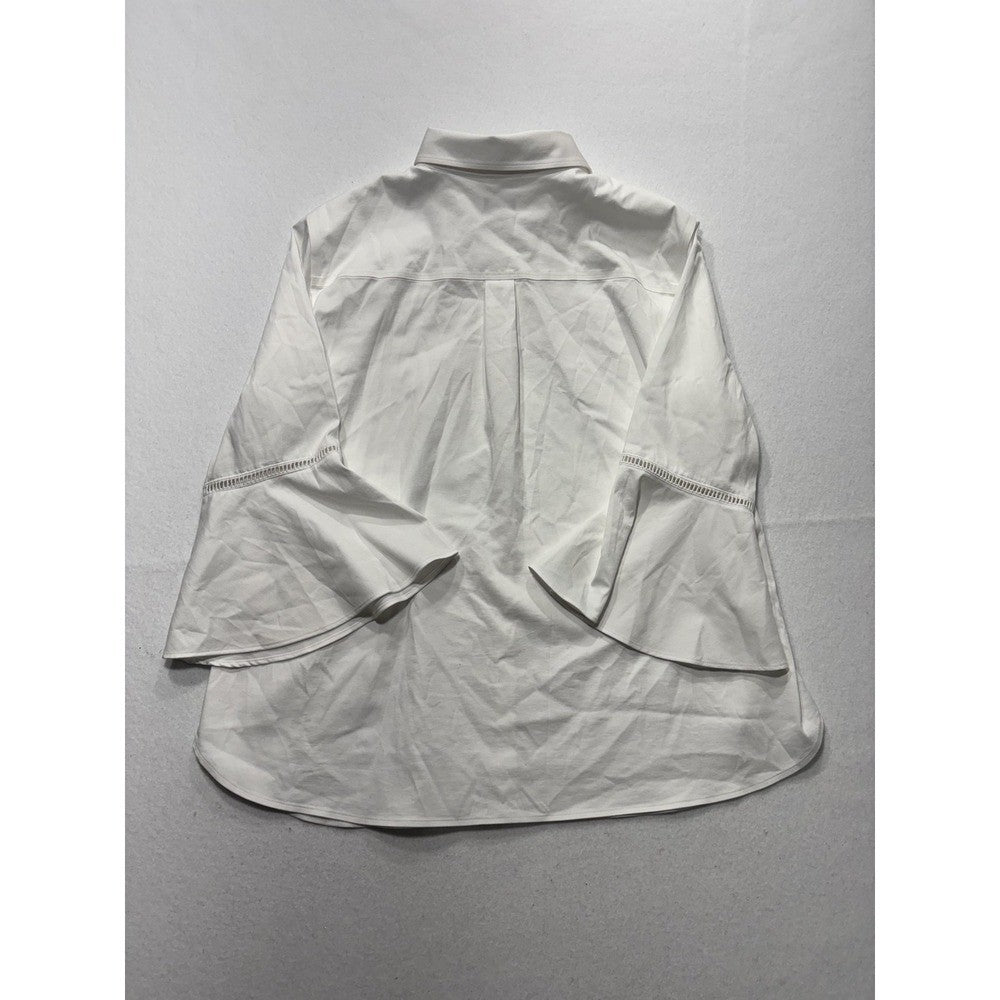 Chico's Blouse Womens 12 White Button Front Collared 3/4 Bell Sleeve Tunic Top