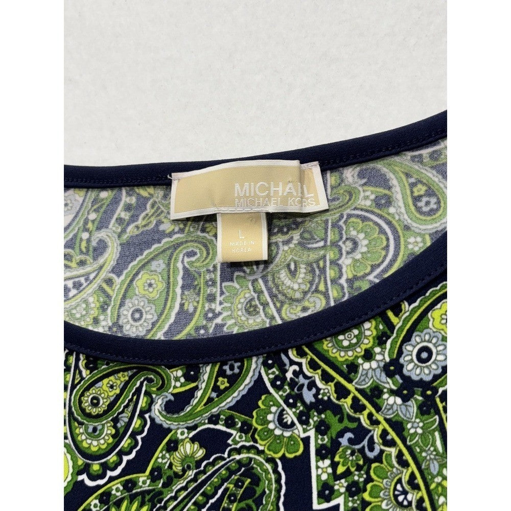 MICHAEL Michael Kors Womens Large Blue Green Paisley Shift Bell Sleeve Dress