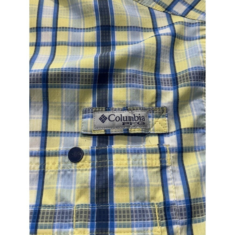 Columbia PFG Shirt Mens Medium Yellow Blue Plaid Long Sleeve Fishing Button Up