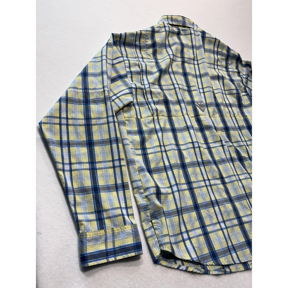 Columbia PFG Shirt Mens Medium Yellow Blue Plaid Long Sleeve Fishing Button Up