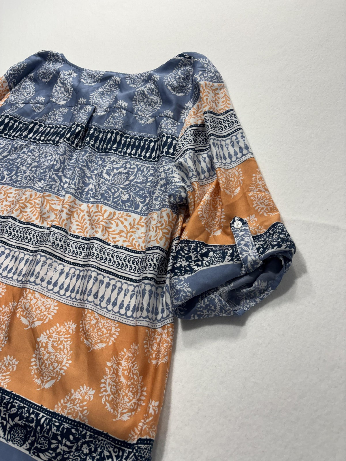Chico's Blouse Womens 3 Blue Orange Paisley Print Henley 3/4 Roll Tab Tunic Top