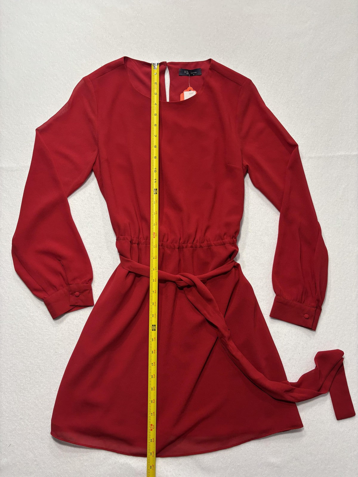 KLD Dress Womens Medium Red Chiffon Belted Fit Flare Long Sleeve Round Neck Mini