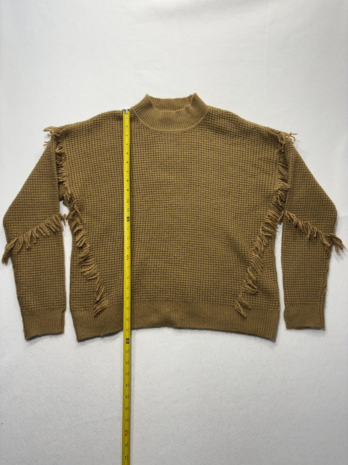 MICHAEL Michael Kors Sweater Womens Large Brown Waffle Knit Fringe Mock Neck