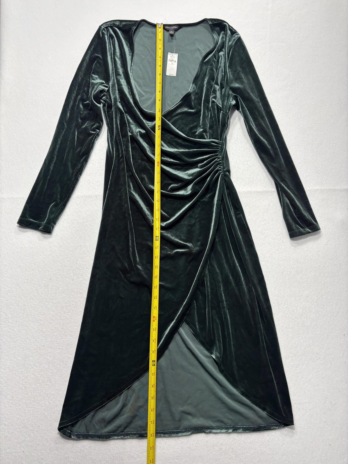 Banana Republic Dress Womens M Green Velvet V Neck Ruched Wrap Long Sleeve Midi