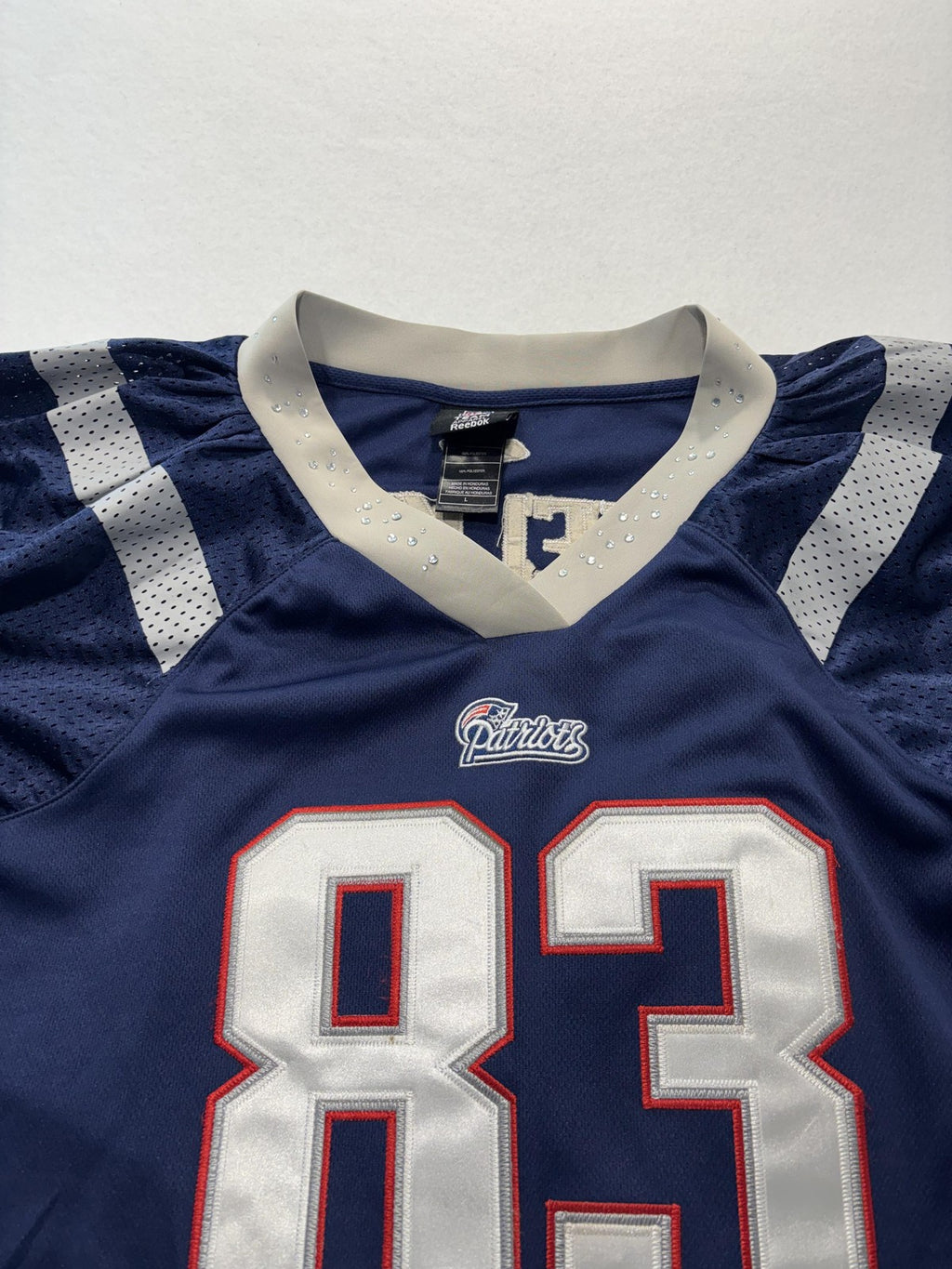 New England Patriots Jersey Womens Large Blue NFL Football Reebok Welker 83