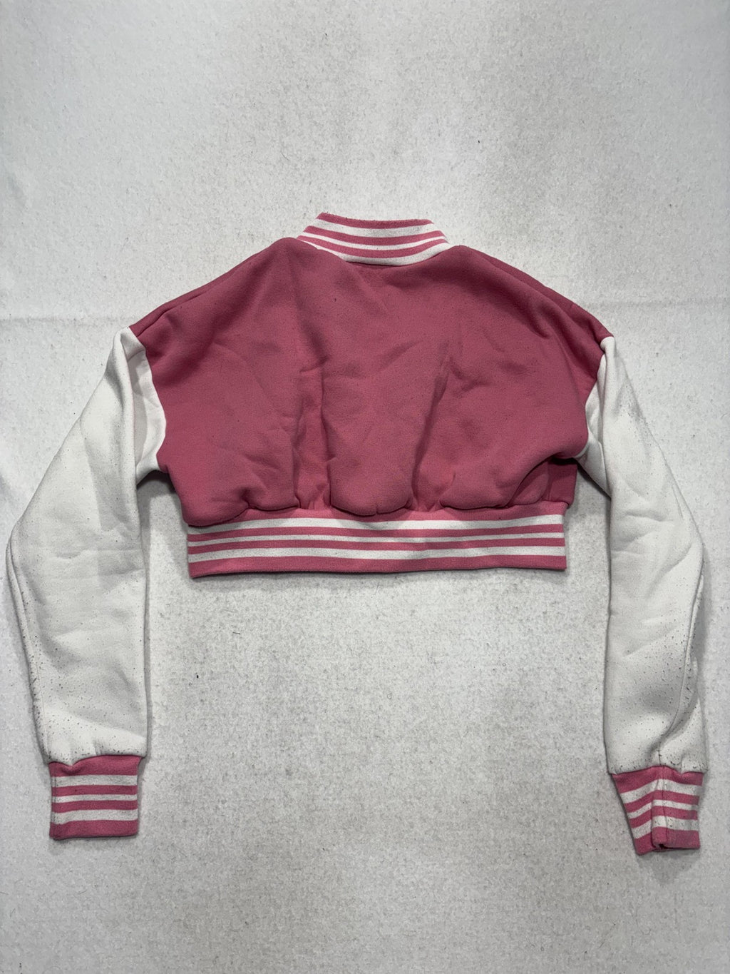 SHEIN Jacket Womens XS Pink Varsity Bomber Letter R Cropped Snap Front Fleece