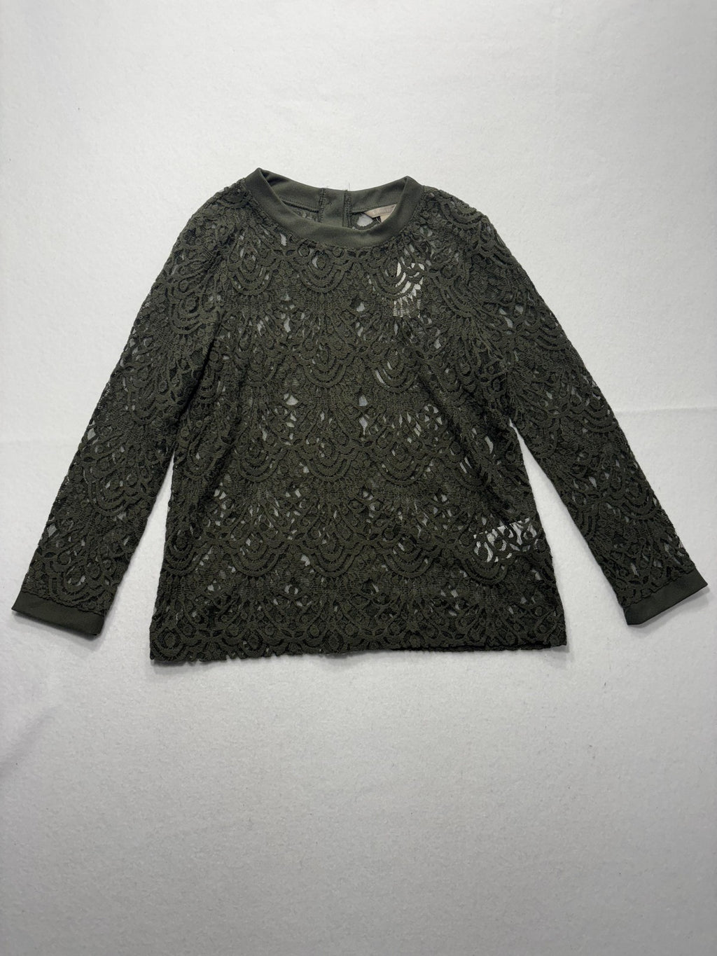 Banana Republic Blouse Womens Medium Green Lace Crew Neck Long Sleeve Sheer Top
