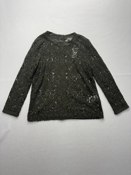 Banana Republic Blouse Womens Medium Green Lace Crew Neck Long Sleeve Sheer Top