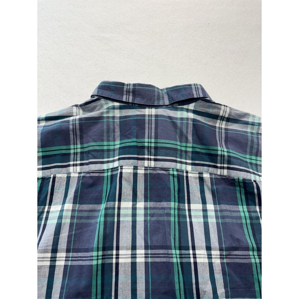 Columbia Shirt Mens Large Blue Green Plaid Short Sleeve Button Up Casual Stretch