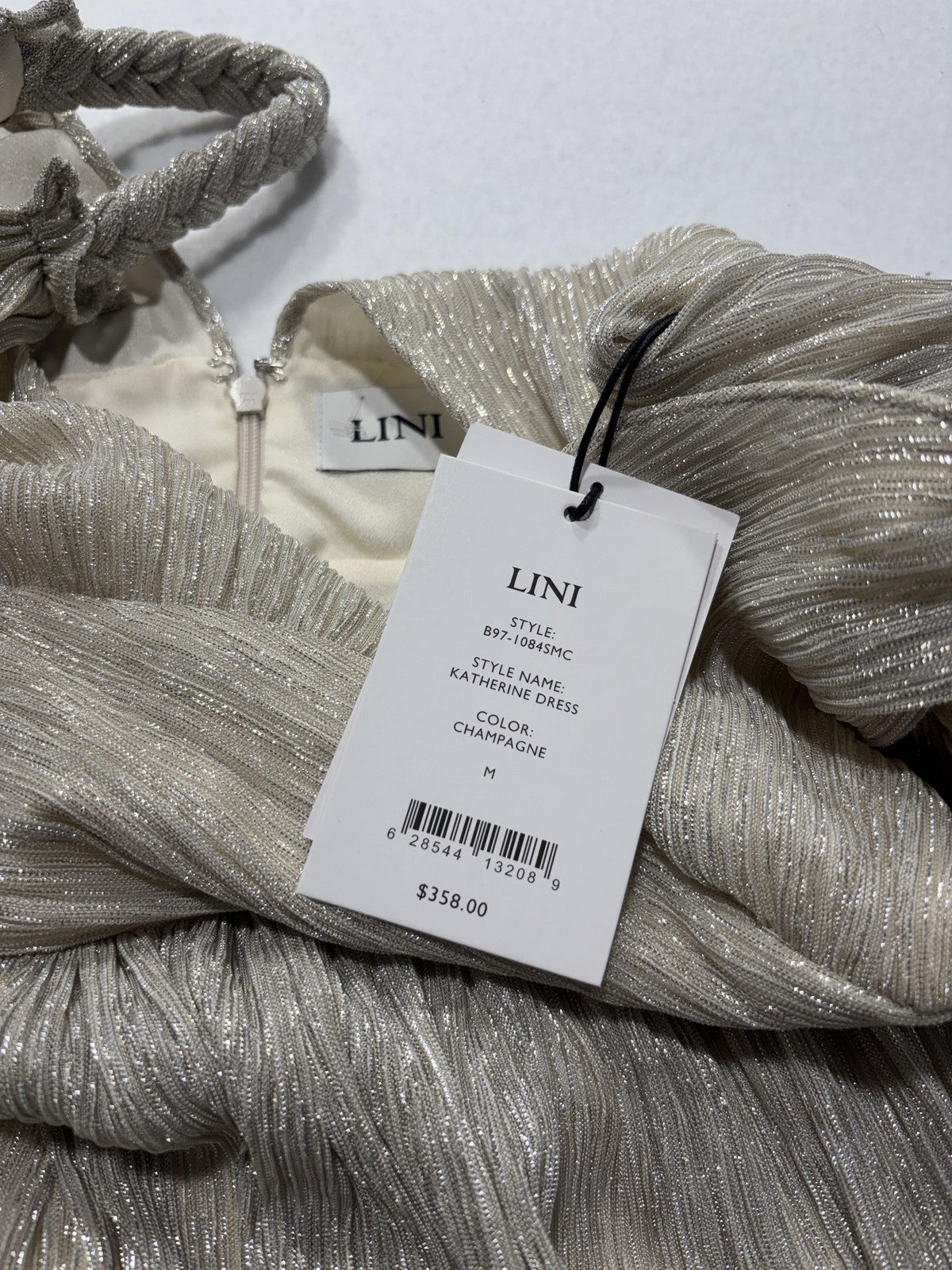 LINI Katherine Dress Womens Medium Champagne Metallic Pleated V Neck Maxi Formal