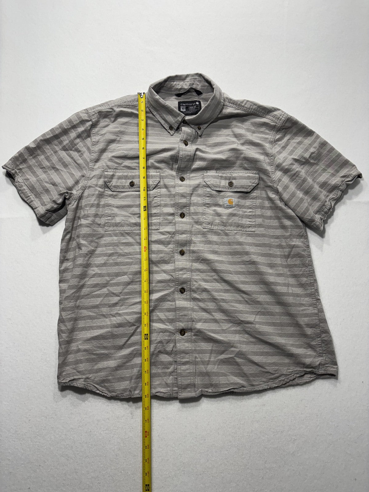 Carhartt Shirt Mens XL Gray Striped Loose Fit Short Sleeve Button Up Workwear