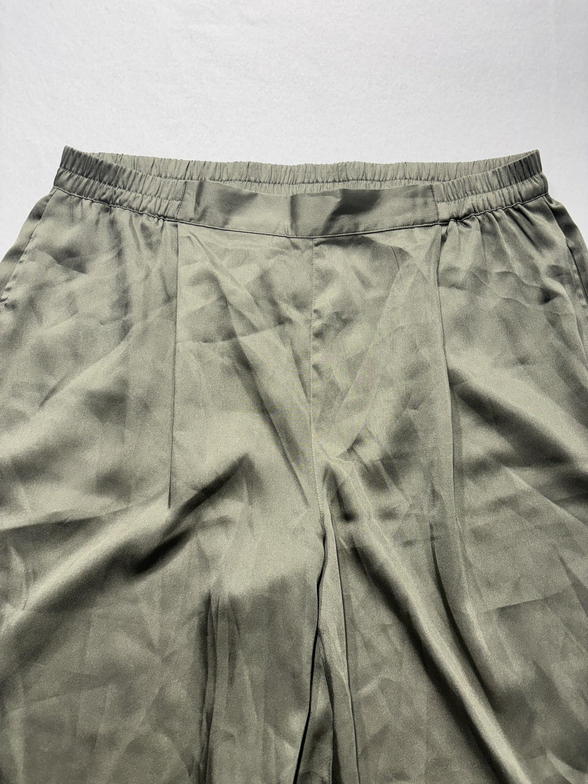 DKNY Pants Womens XL Green Satin Cropped Wide Leg Elastic Waist Pull On Culotte