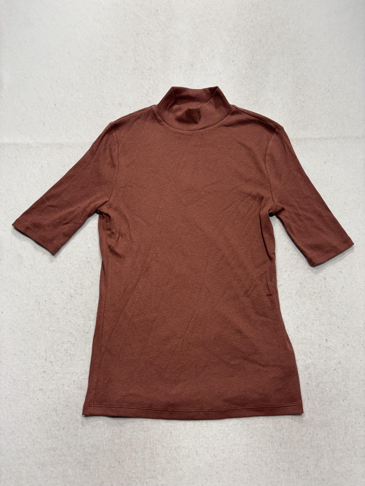 A New Day Shirt Womens Small Brown Mock Neck Short Sleeve Ribbed Knit Tee Casual