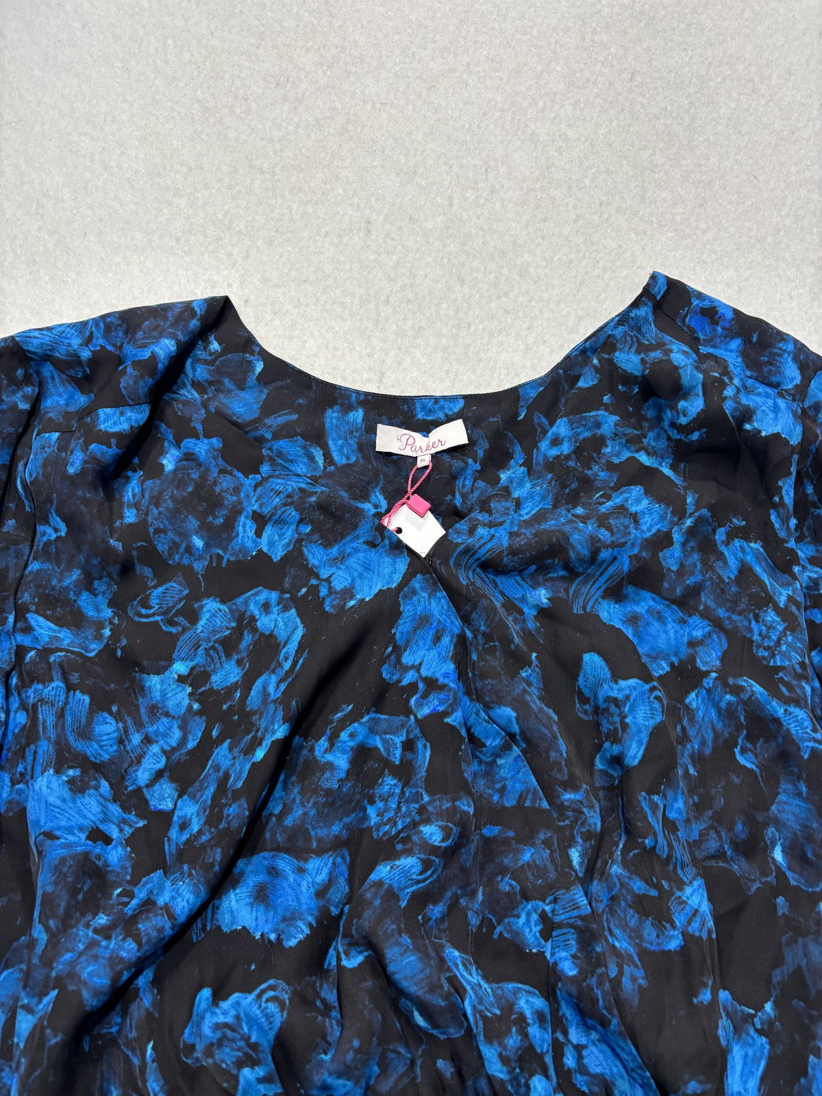 Parker Blouse Womens XL Blue Rainstorm Floral Ruffle Silk Top P9J5807SBP