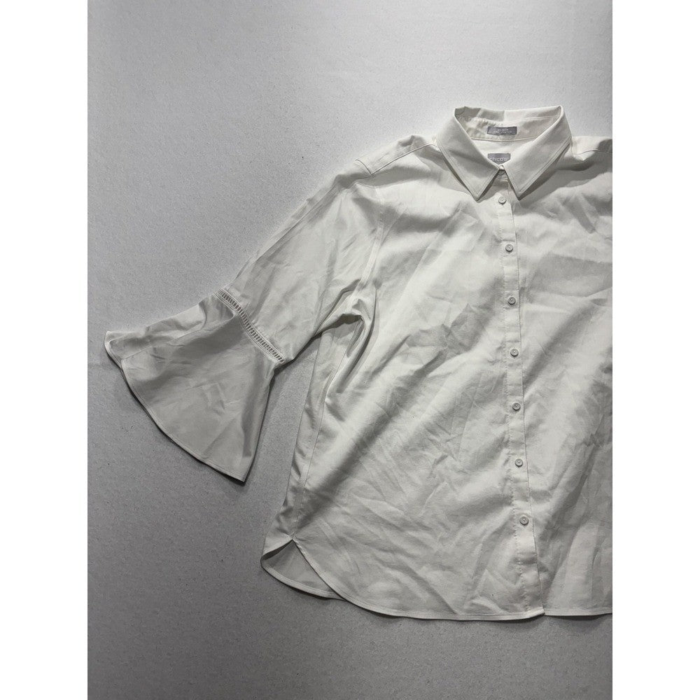 Chico's Blouse Womens 12 White Button Front Collared 3/4 Bell Sleeve Tunic Top