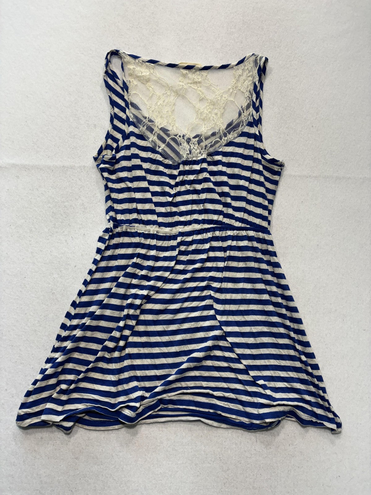 Pearl Blue Stripe Scoop Neck Lace Back Button Fit Flare Sundress Womens Small