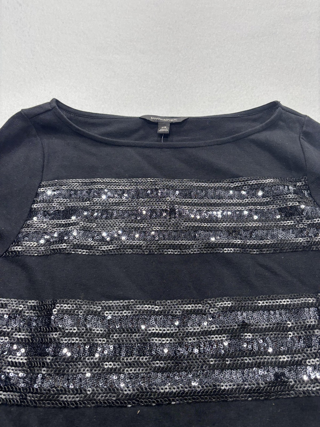 Banana Republic Top Womens XS Black Sequin Stripe Boat Neck Long Sleeve Party