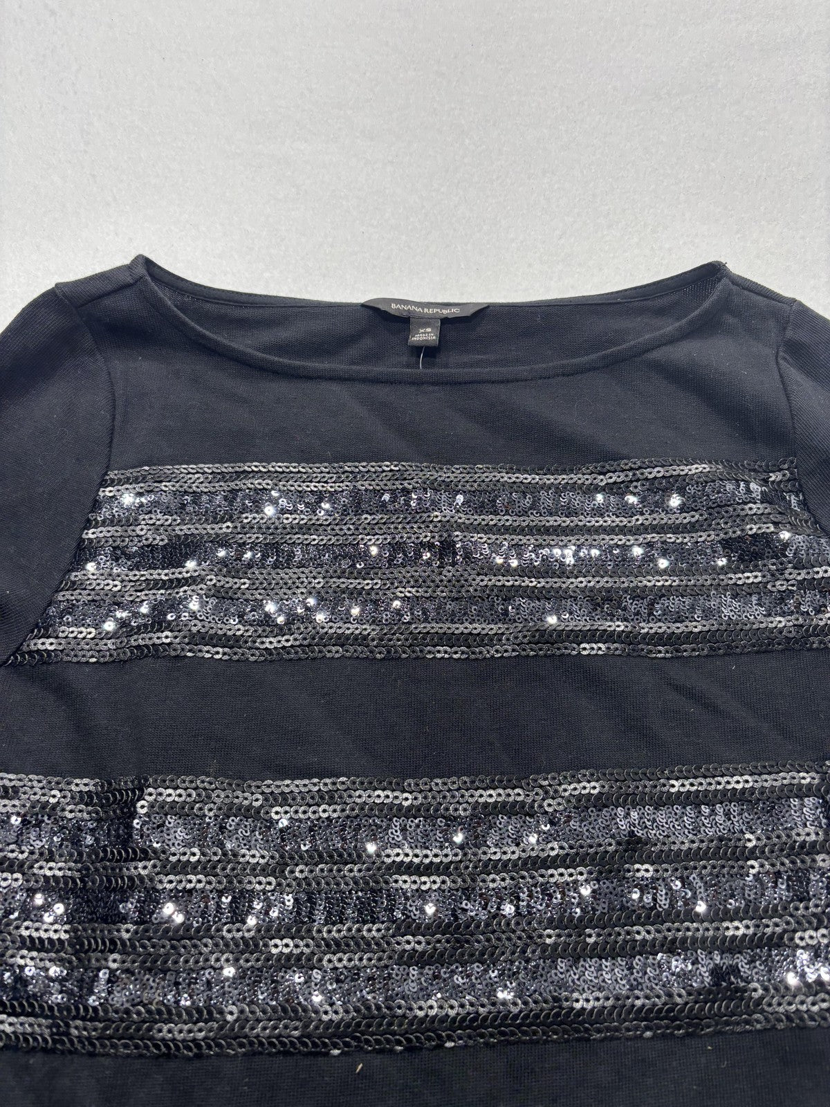 Banana Republic Top Womens XS Black Sequin Stripe Boat Neck Long Sleeve Party