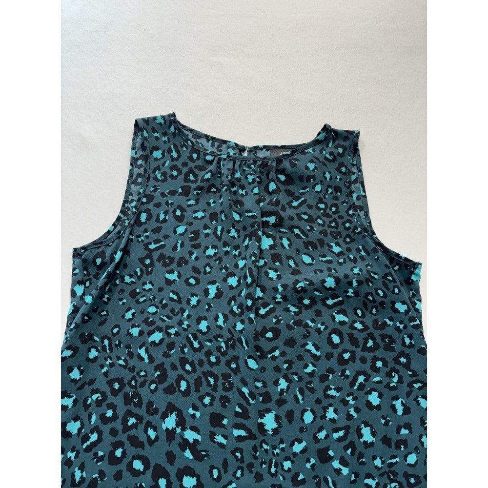 Apt. 9 Blouse Womens Medium Green Leopard Print Shirred Neck Sleeveless Top