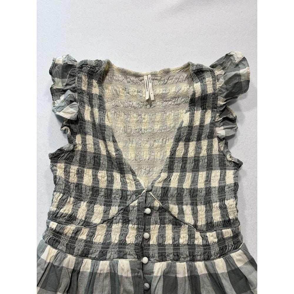 Anthropologie Dress Womens Small Gray Check V Neck Smocked Ruffle Sundress Boho