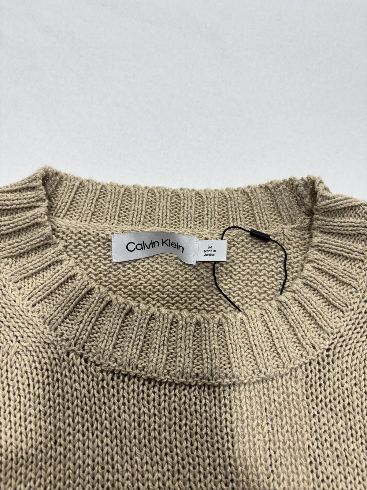 Calvin Klein Sweater Womens M Beige Short Sleeve Crew Neck Hemp Knit Pullover