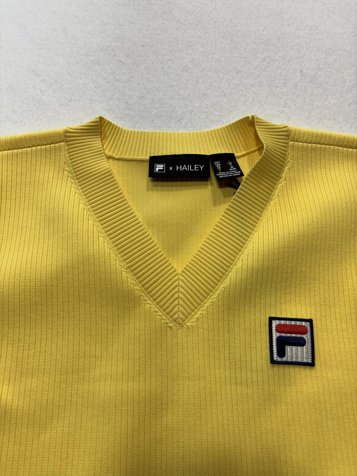 FILA Sweater Vest Womens Large Yellow V Neck Rib Knit Logo Hailey Crop Top