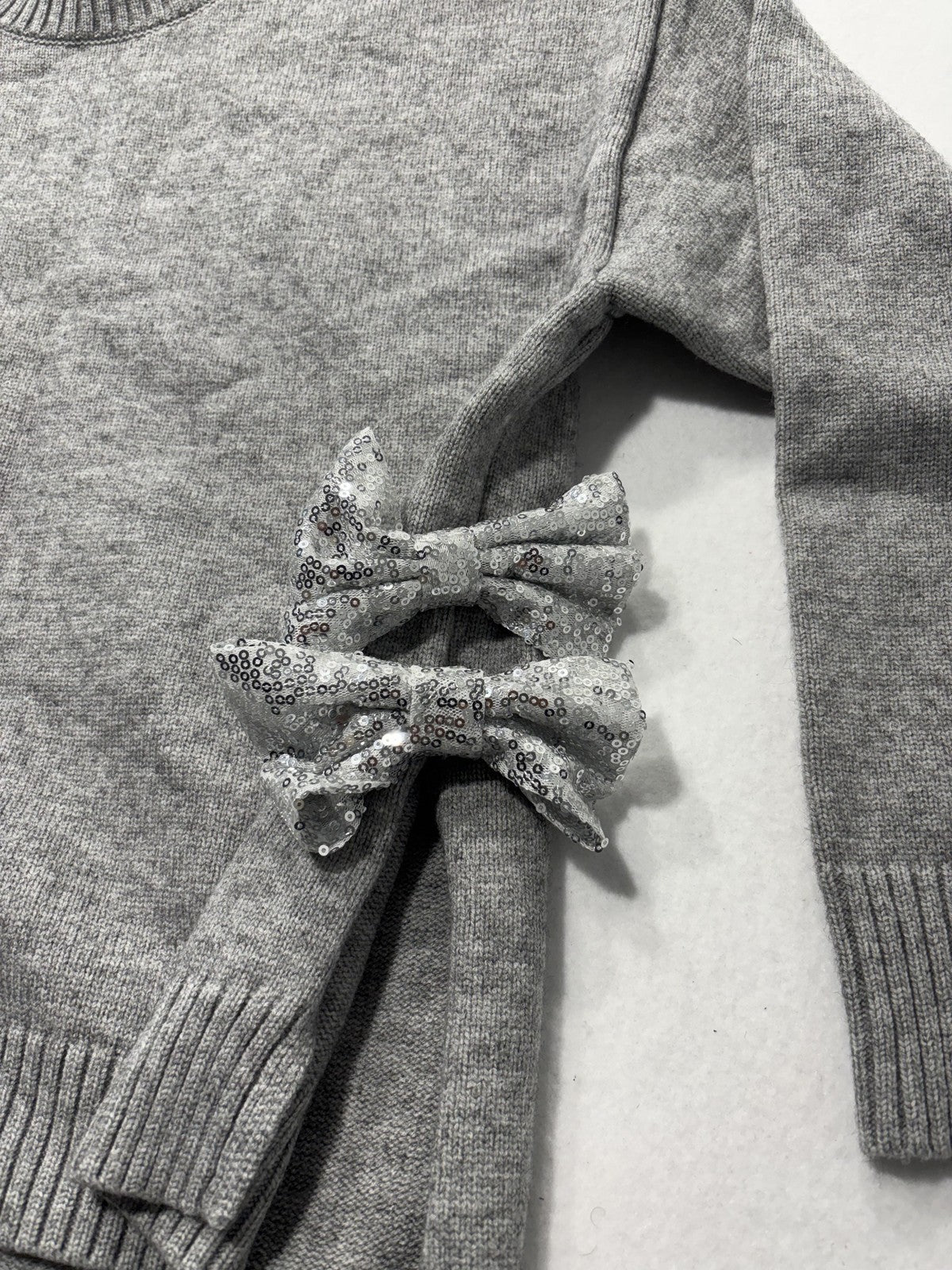Able Sweater Womens Small Gray Crew Neck Sequin Bow Side Slit Knit Pullover