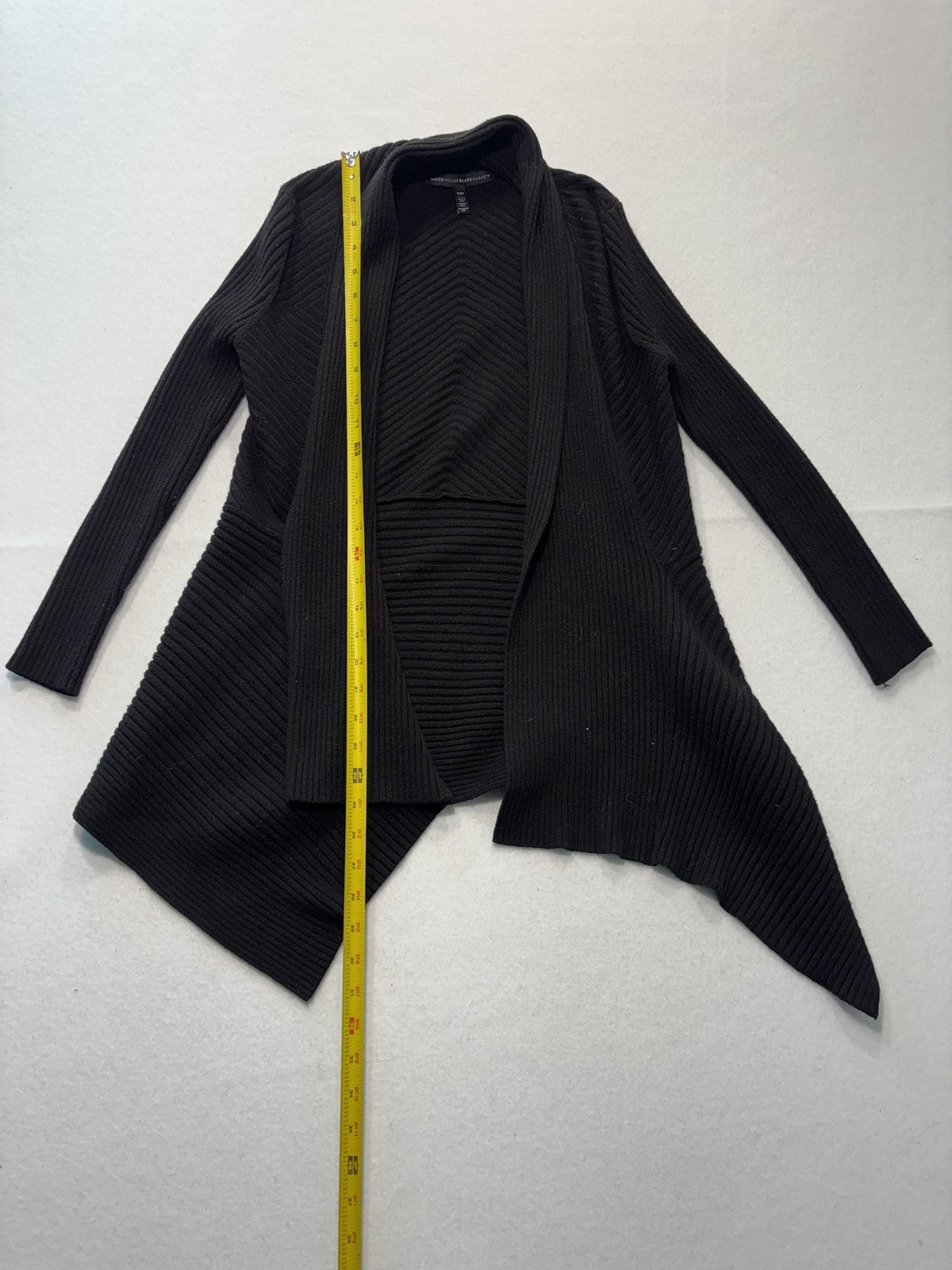 White House Black Market Cardigan Womens XSP Black Rib Knit Open Front Drape Hem
