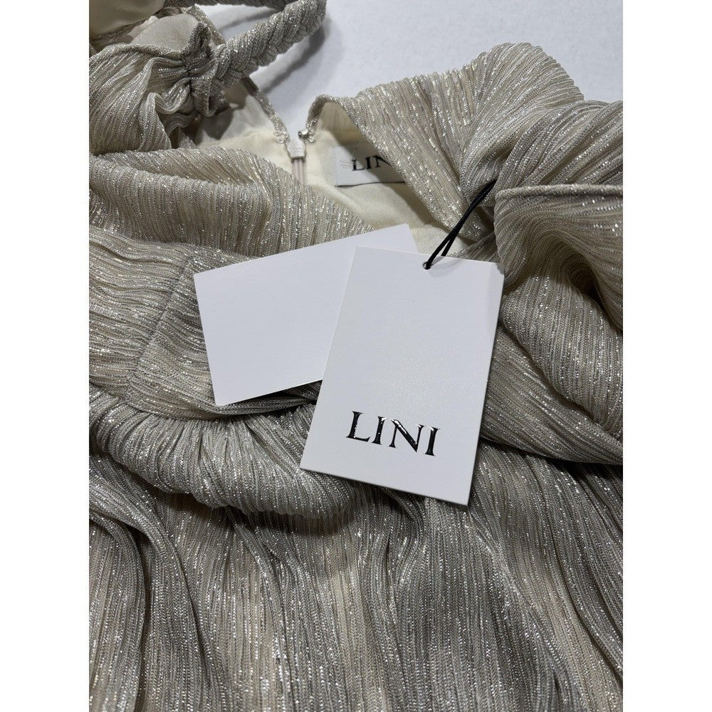 LINI Katherine Dress Womens Medium Champagne Metallic Pleated V Neck Maxi