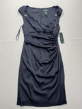 Lauren Ralph Lauren Evening Dress Womens 8 Blue Ruched Satin Sheath Knee Length