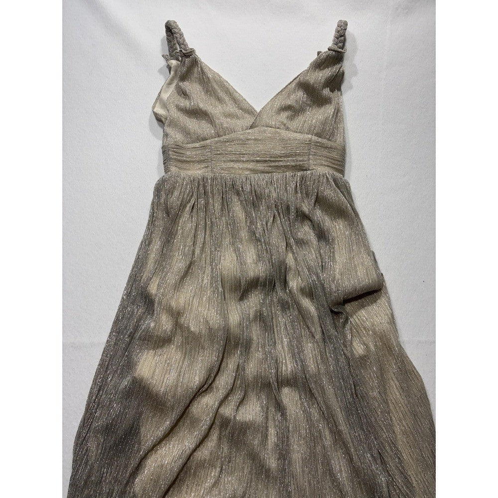 LINI Katherine Dress Womens Medium Champagne Metallic Pleated V Neck Maxi