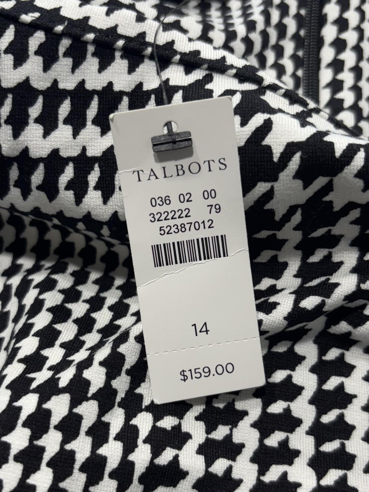 Talbots Dress Womens 14 Black Houndstooth Boat Neck 3/4 Bell Sleeve Sheath Knit