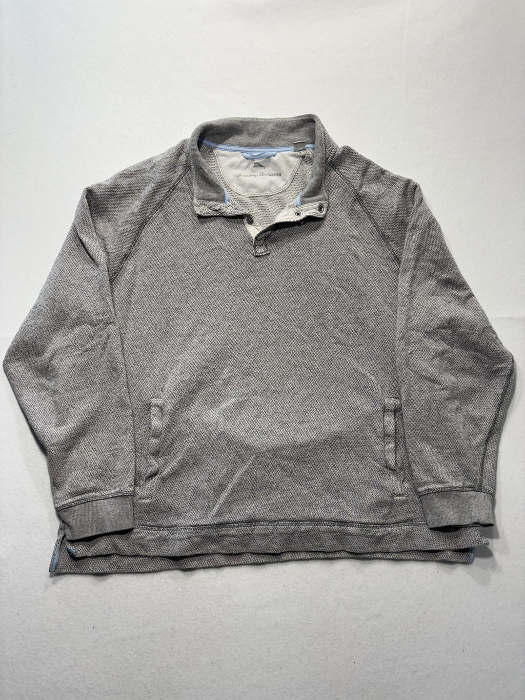 Tommy Bahama Sweater Mens 2XL Gray Mock Neck Snap Placket Knit Pullover Pockets