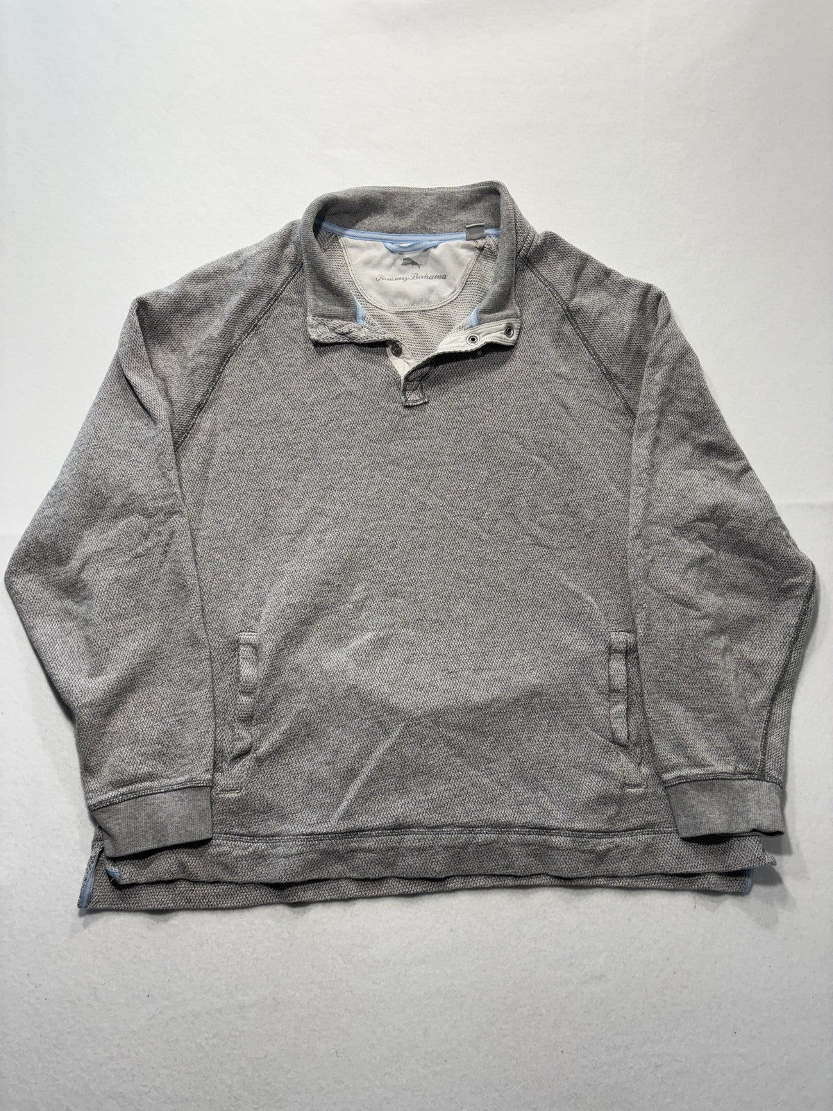 Tommy Bahama Sweater Mens 2XL Gray Mock Neck Snap Placket Knit Pullover Pockets