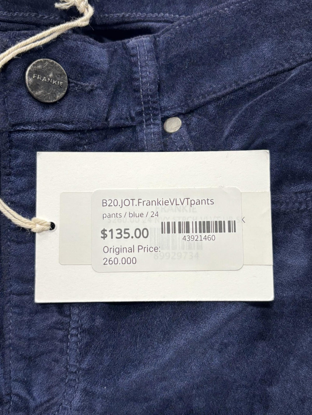 FRANKIE Pants Womens 24 Blue Velvet Skinny Jegging Stretch Zip Pockets Winter