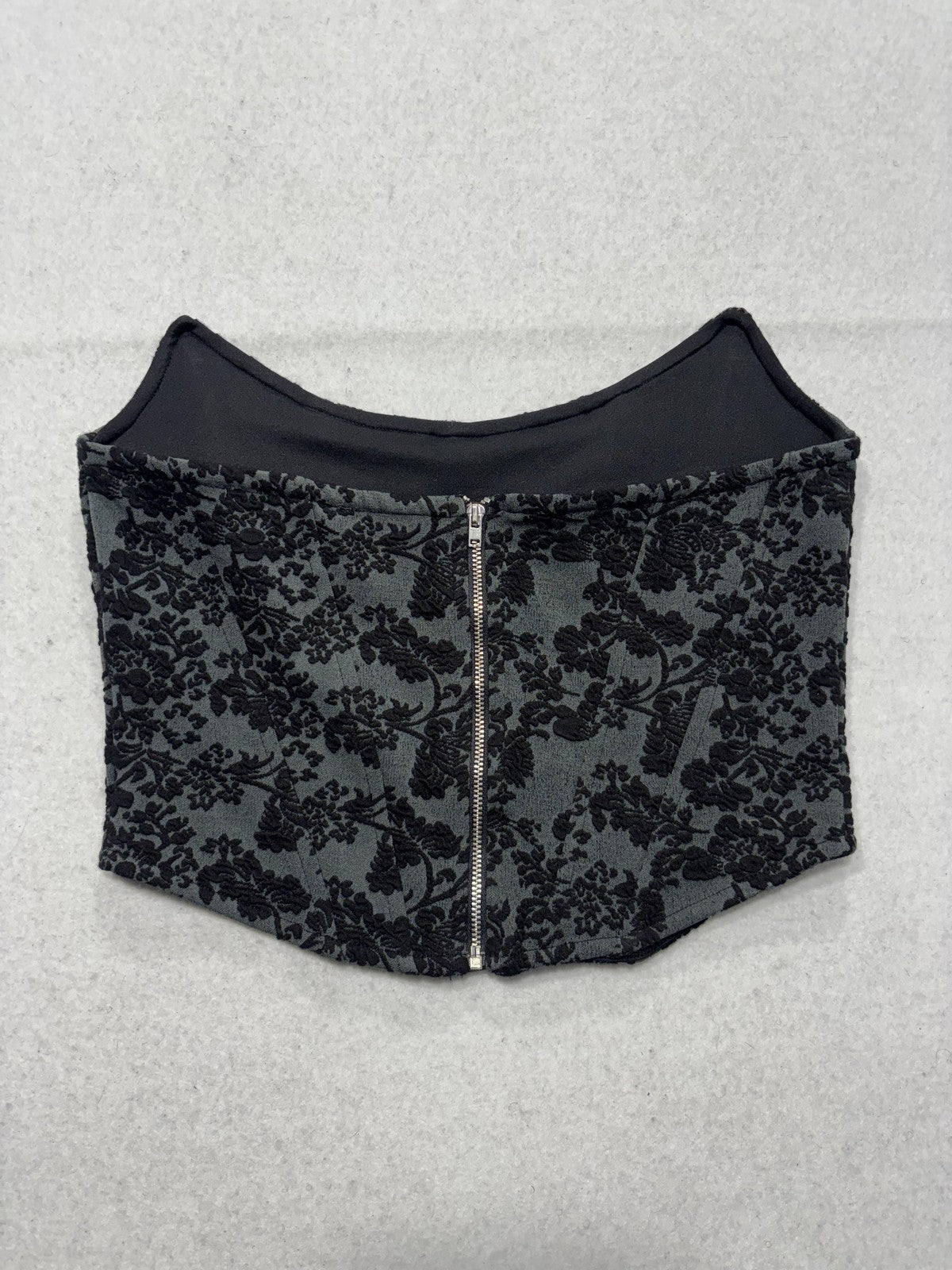 By Anthropologie Corset Top Womens XS Black Floral Brocade Zip Back Strapless