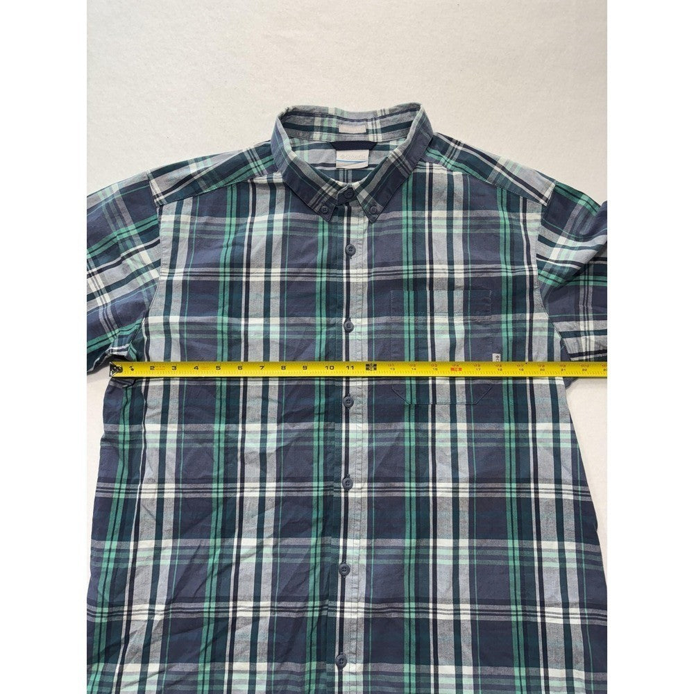 Columbia Shirt Mens Large Blue Green Plaid Short Sleeve Button Up Casual Stretch