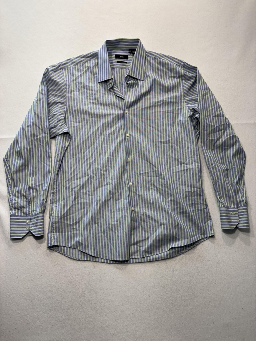 Hugo Boss Dress Shirt Mens 16 34/35 Blue Stripe Cotton Regular Fit LS Button Up