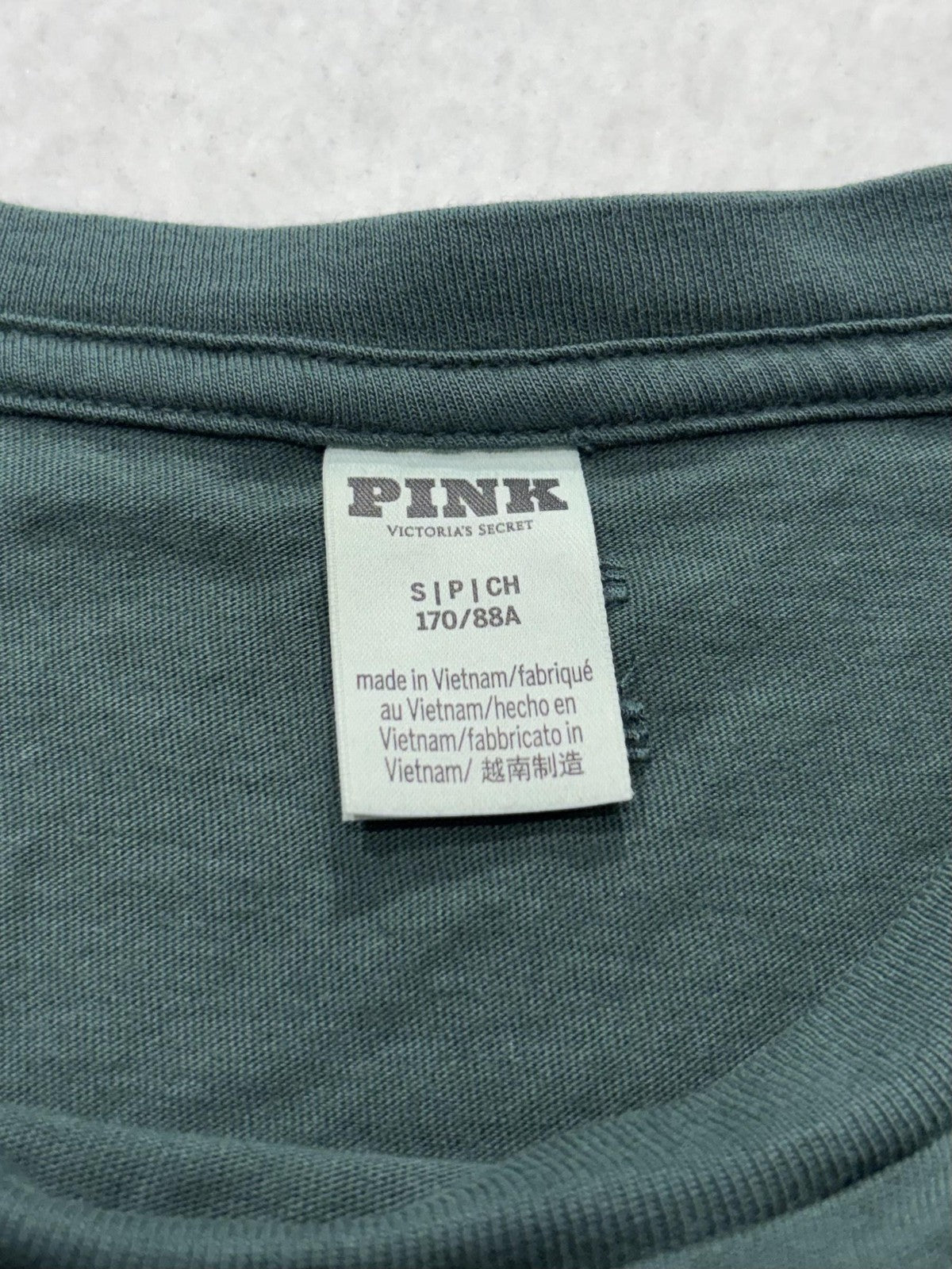 PINK Victoria's Secret Shirt Womens S Green Crew Neck 3D Logo Graphic Tee Casual