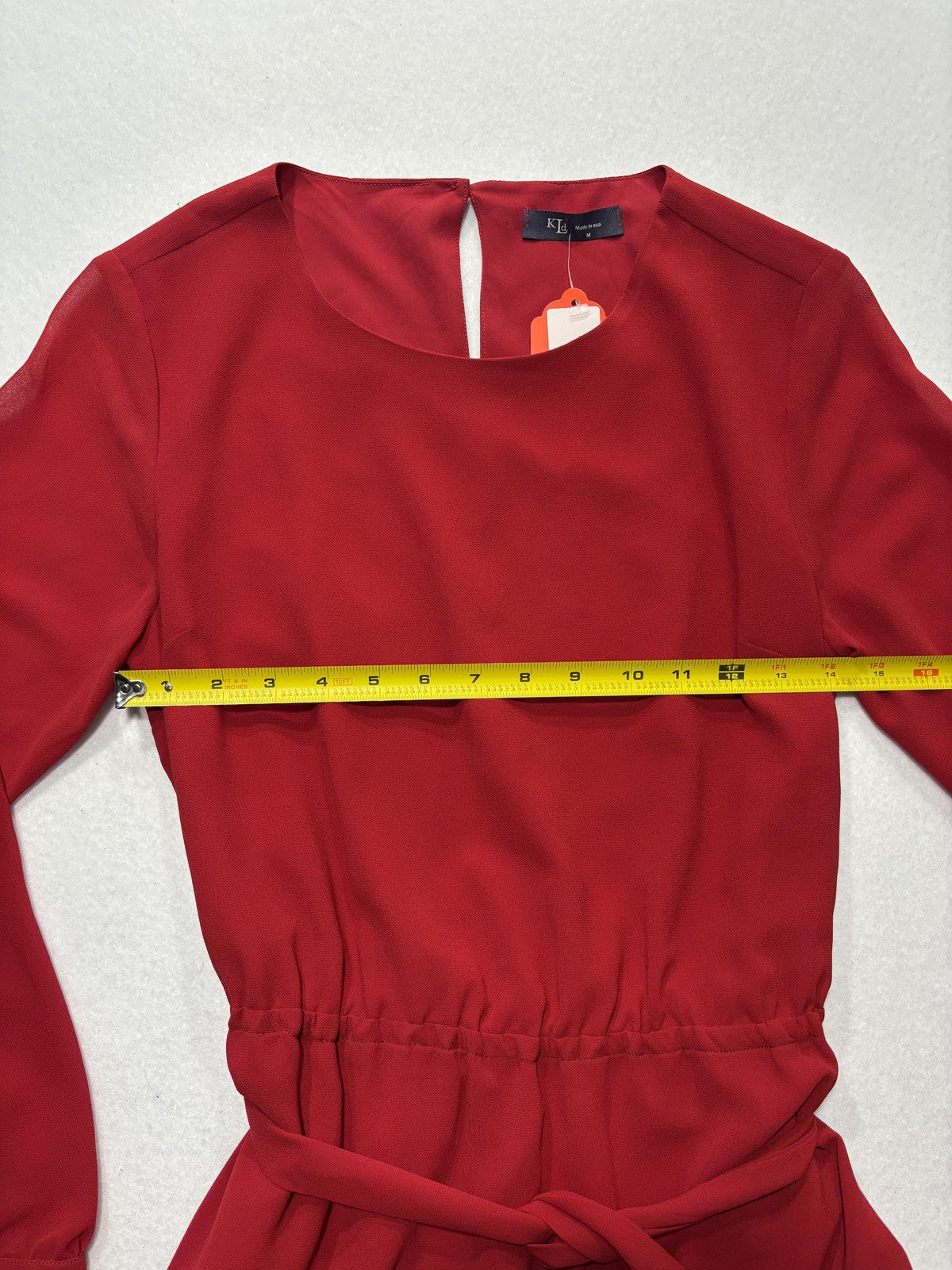 KLD Dress Womens Medium Red Chiffon Belted Fit Flare Long Sleeve Round Neck Mini