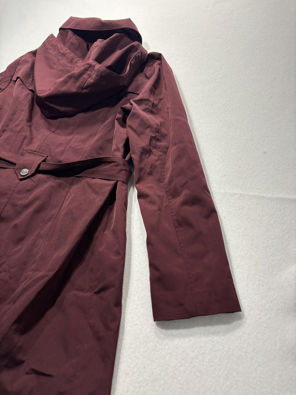 London Fog Trench Coat Womens S Red Belted Hooded Snap Front Mid Length