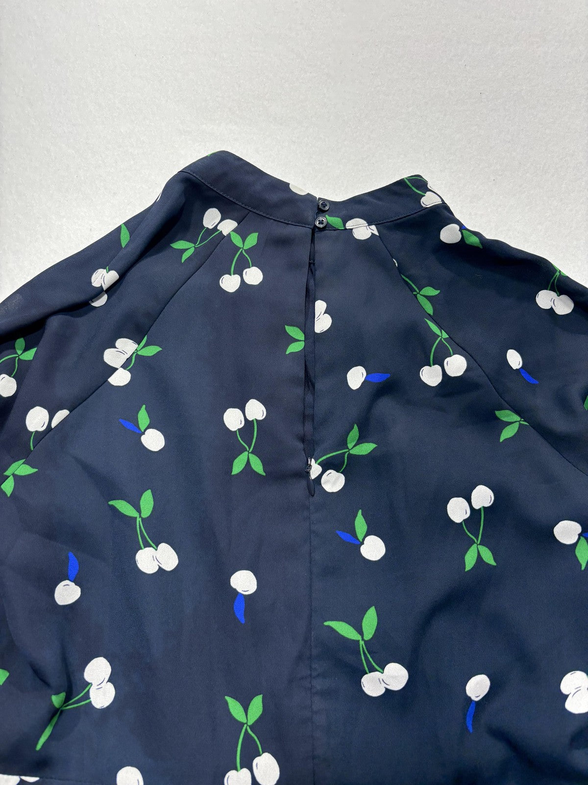 Banana Republic Dress Womens 6 Blue Cherry Print Mock Neck Long Sleeve Fit Flare
