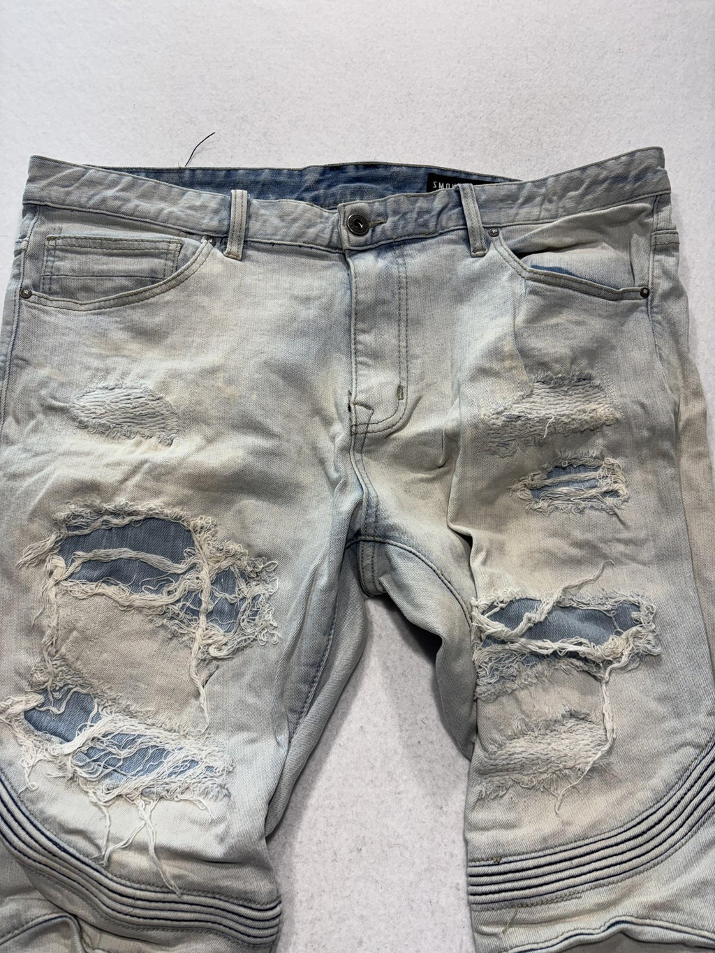 Smoke Rise Jeans Mens 38x34 Blue Light Wash Distressed Moto Biker Slim Tapered