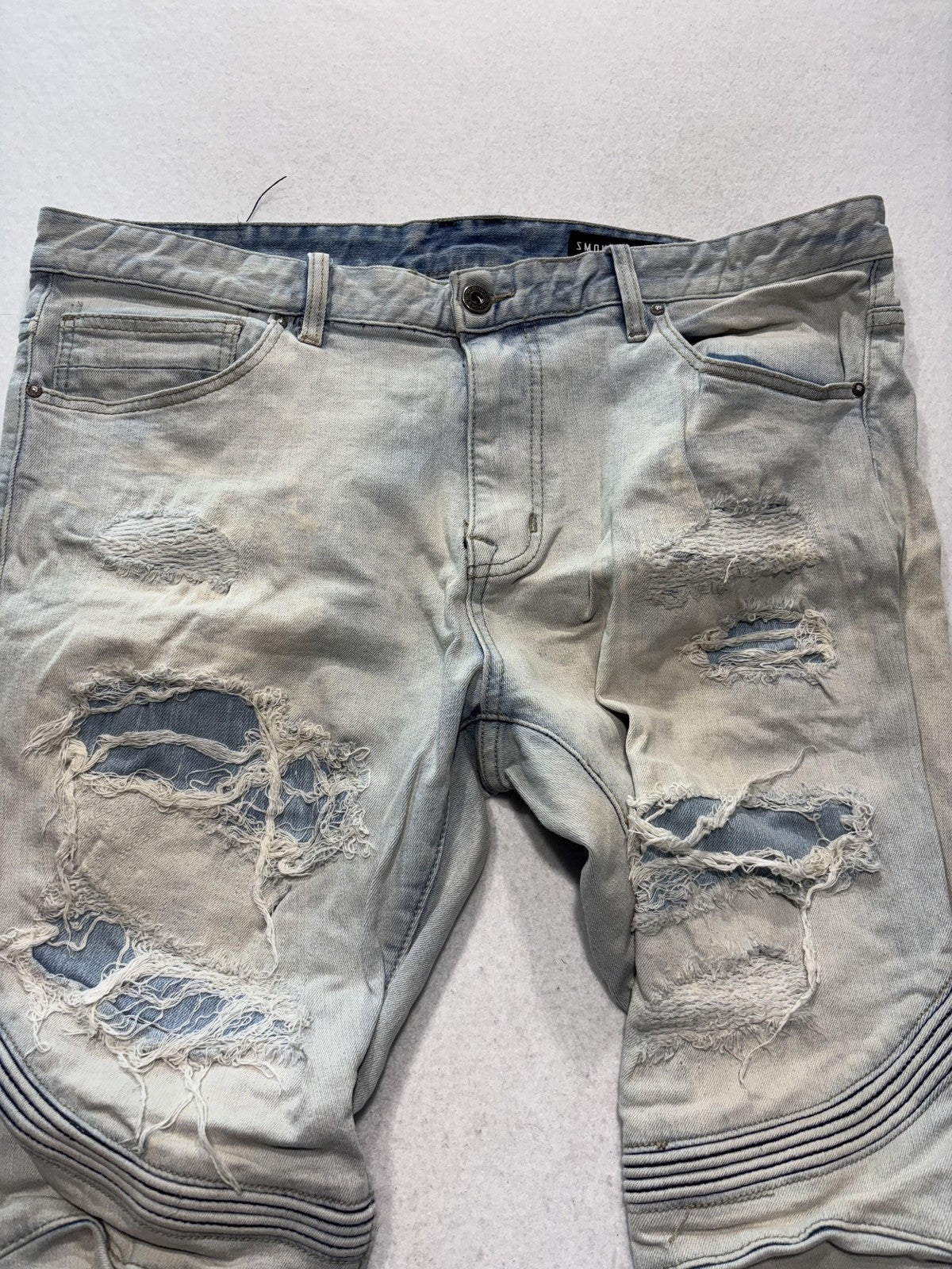 Smoke Rise Jeans Mens 38x34 Blue Light Wash Distressed Moto Biker Slim Tapered