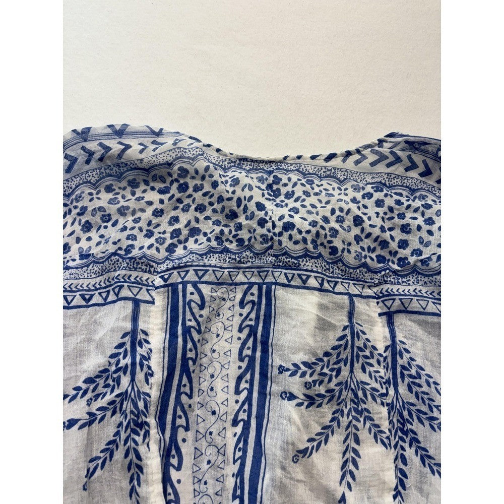 Free People Blouse Womens Medium Blue Long Sleeve Floral Tassel Crop Top Boho