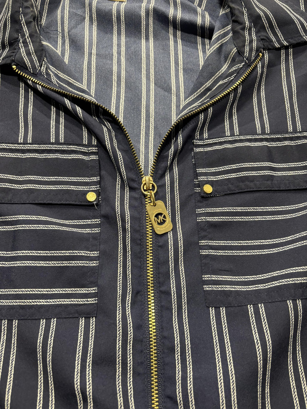 MICHAEL Michael Kors Blouse Womens Large Blue Stripe Zip Tunic Long Sleeve Top