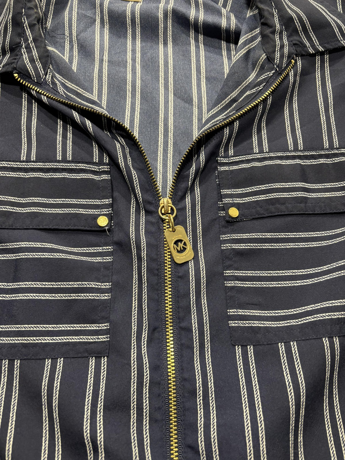 MICHAEL Michael Kors Blouse Womens Large Blue Stripe Zip Tunic Long Sleeve Top