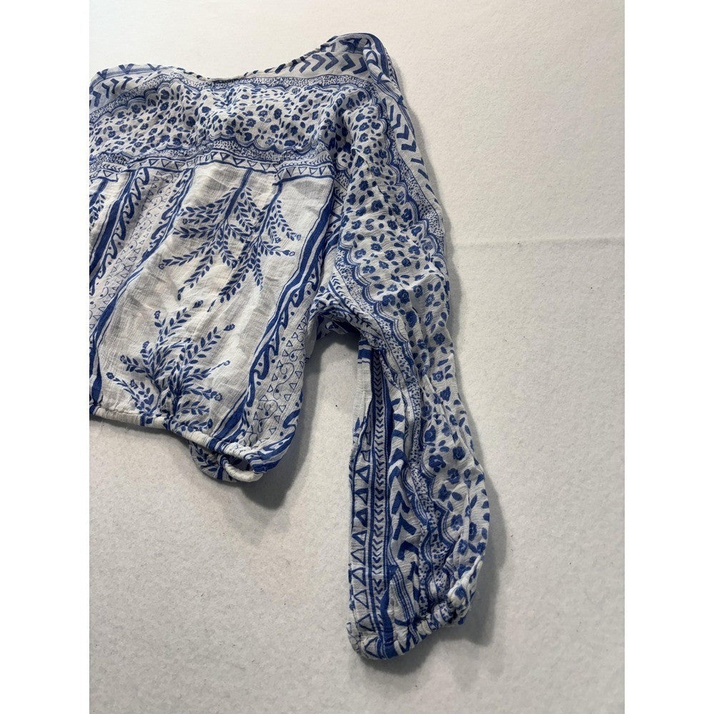 Free People Blouse Womens Medium Blue Long Sleeve Floral Tassel Crop Top Boho