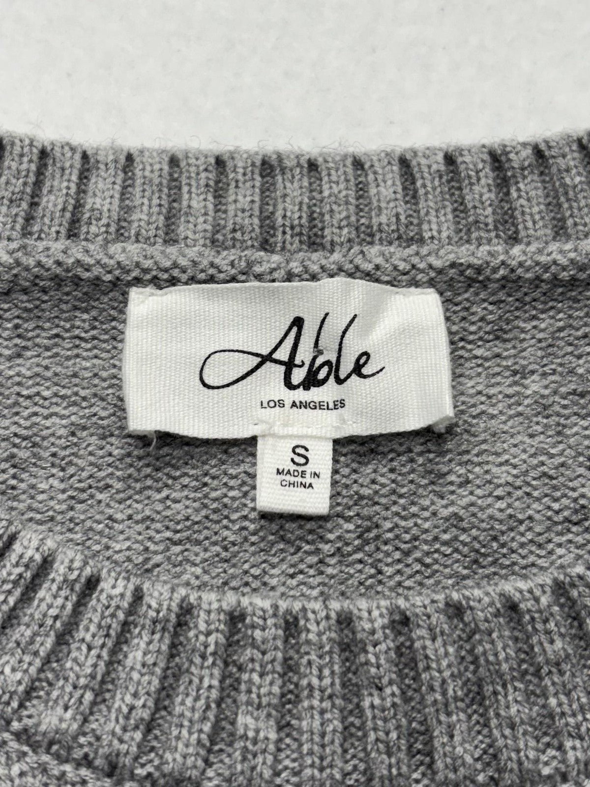 Able Sweater Womens Small Gray Crew Neck Sequin Bow Side Slit Knit Pullover