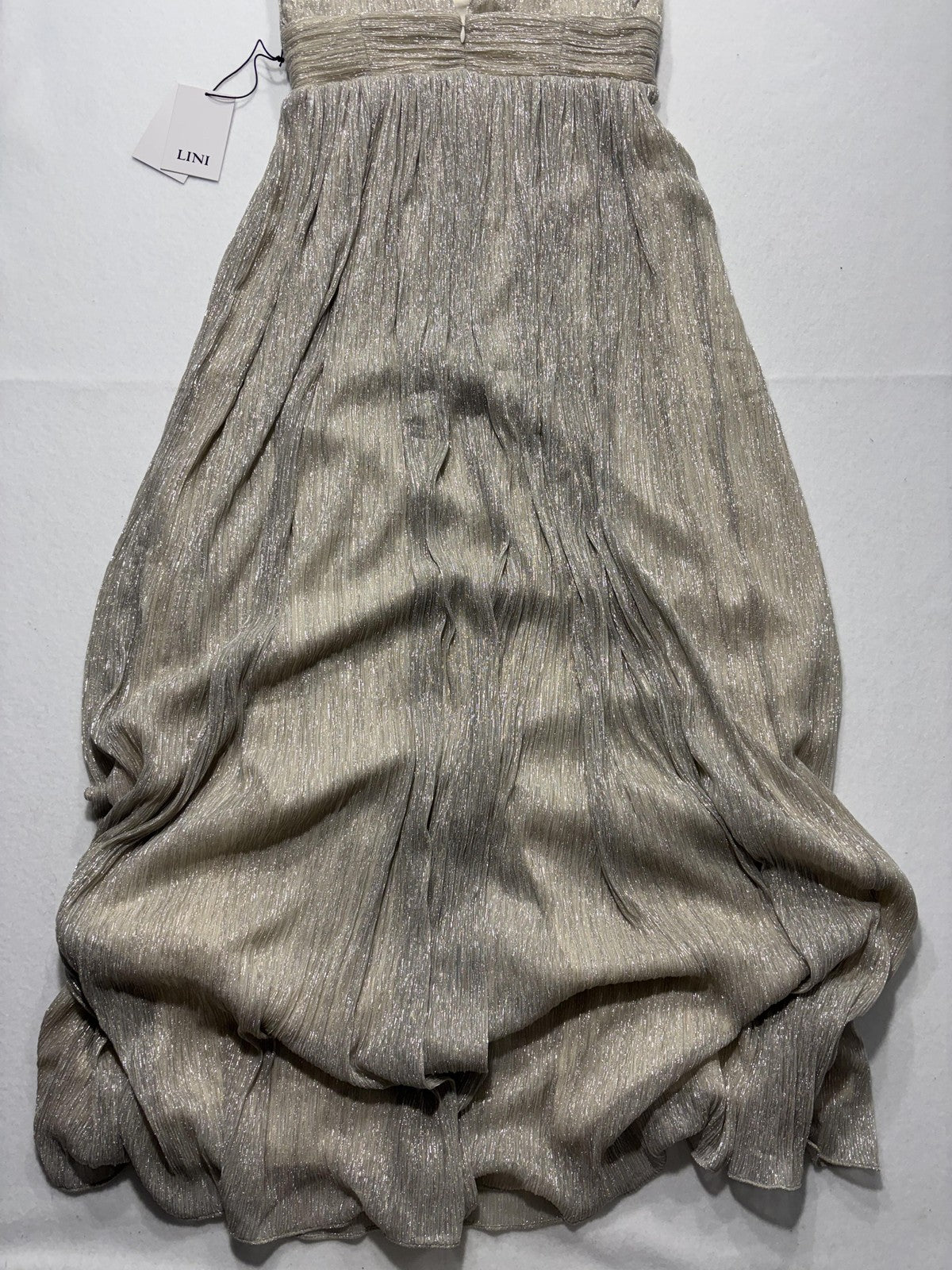 LINI Katherine Dress Womens Medium Champagne Metallic Pleated V Neck Maxi Formal